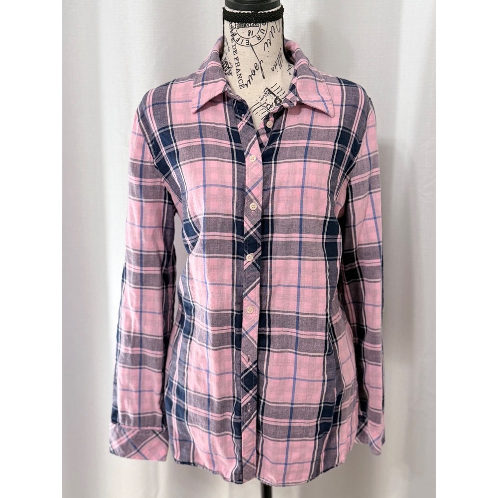 Talbots Pink Navy Blue Plaid Cotton Button Down Shirt Large Roll Tab Sleeve